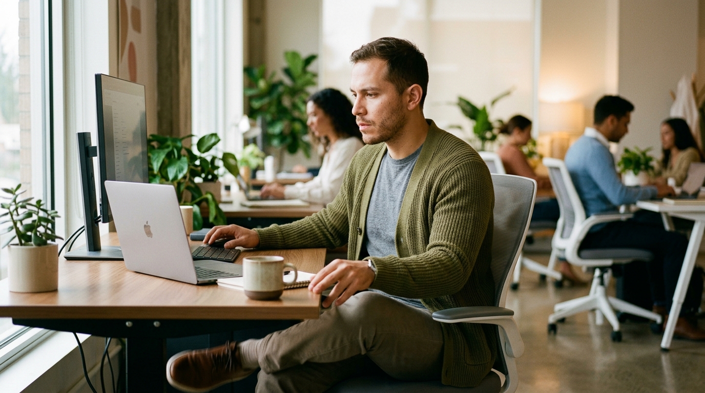 Man productively fidgeting while working at desk, bouncing leg and tapping hand while maintaining focus on screen in modern workspace
