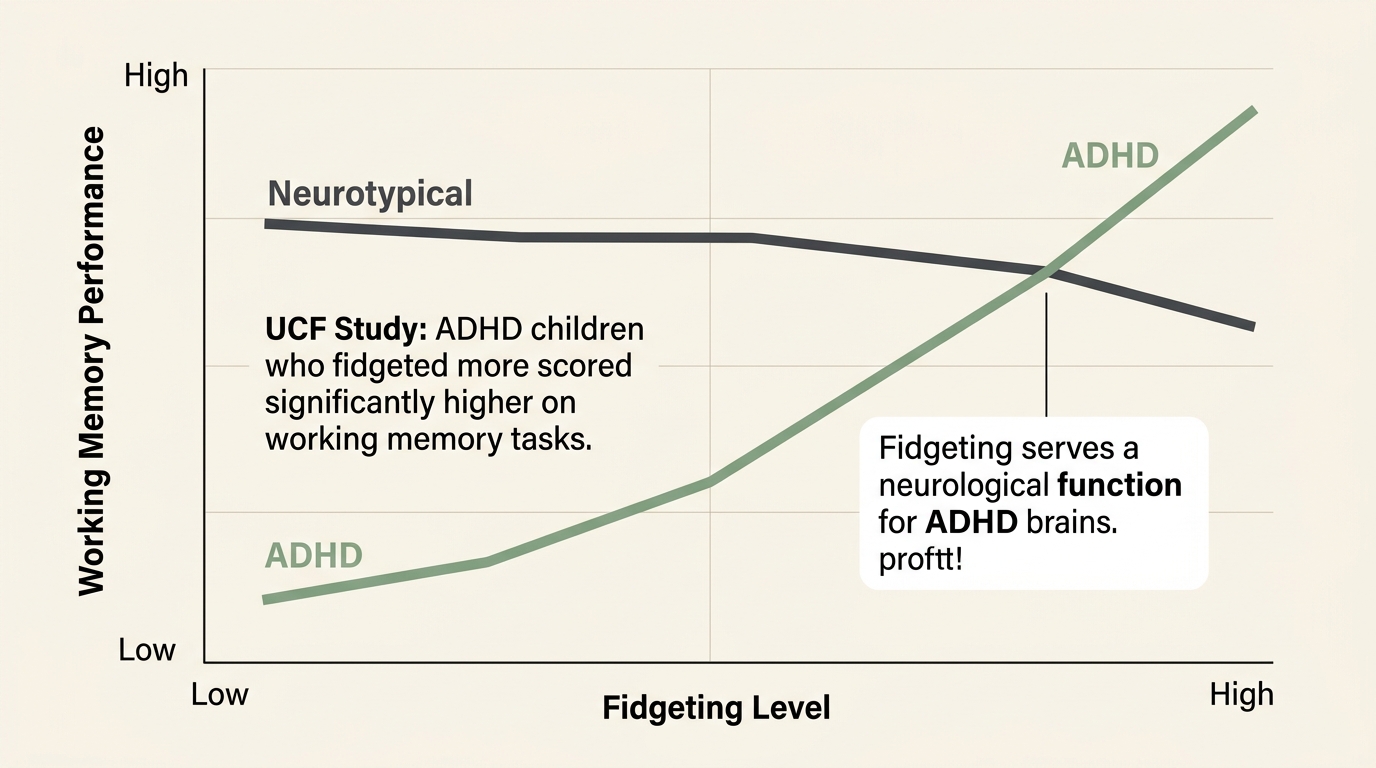 Research graph showing positive fidgeting-performance correlation for ADHD compared to flat line for neurotypical, based on UCF working memory study
