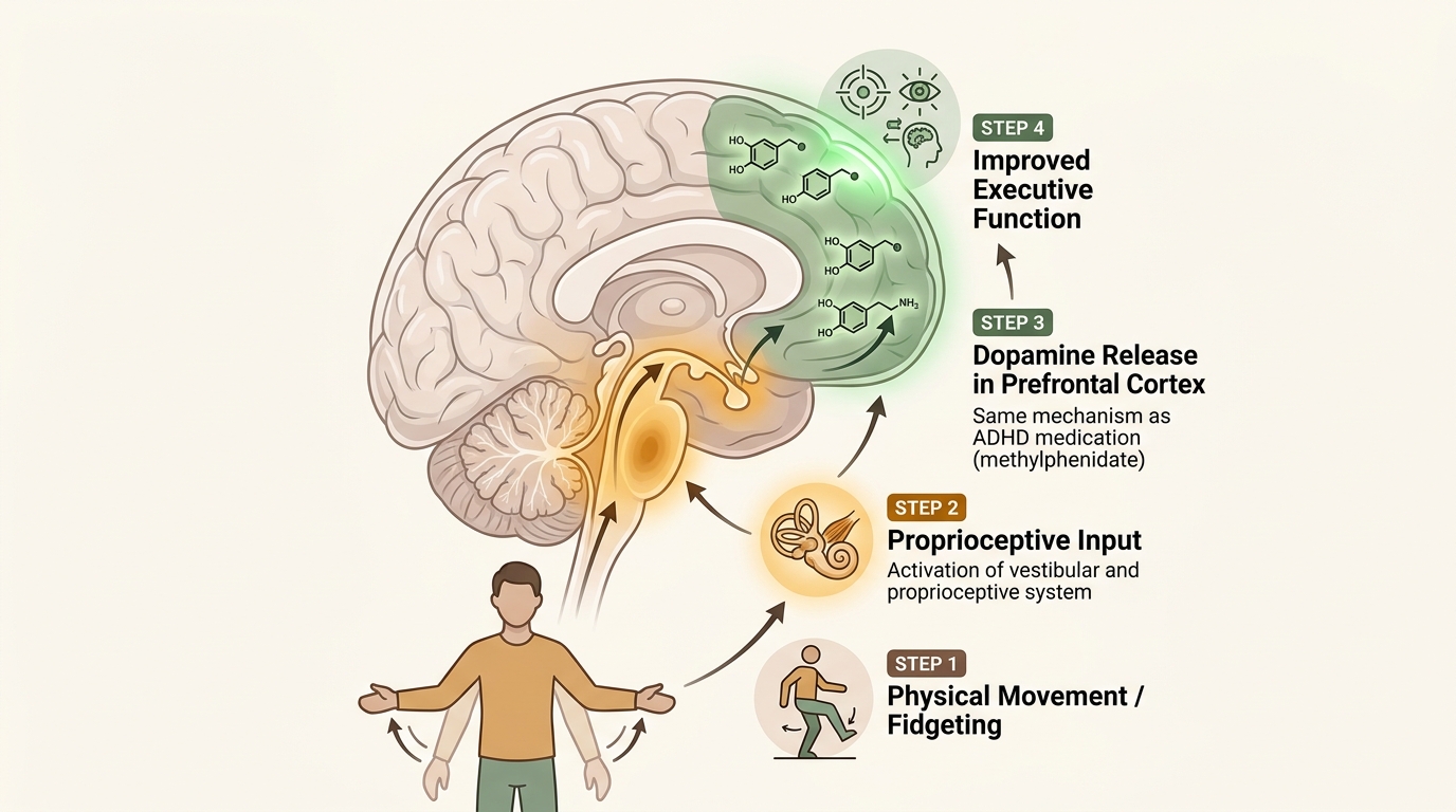 Neuroscience pathway from physical fidgeting through proprioceptive input to dopamine release in prefrontal cortex, supporting ADHD focus