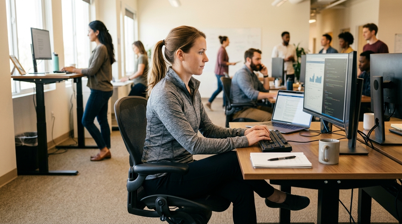 Woman productively repositioning at desk with foot tucked under while working on computer, normalizing movement as natural work behavior