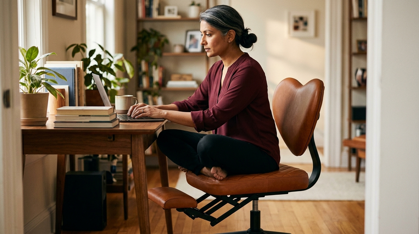 Woman productively fidgeting on NYPOT criss-cross chair with legs repositioned while hands stay on keyboard, demonstrating active sitting as channeled movement