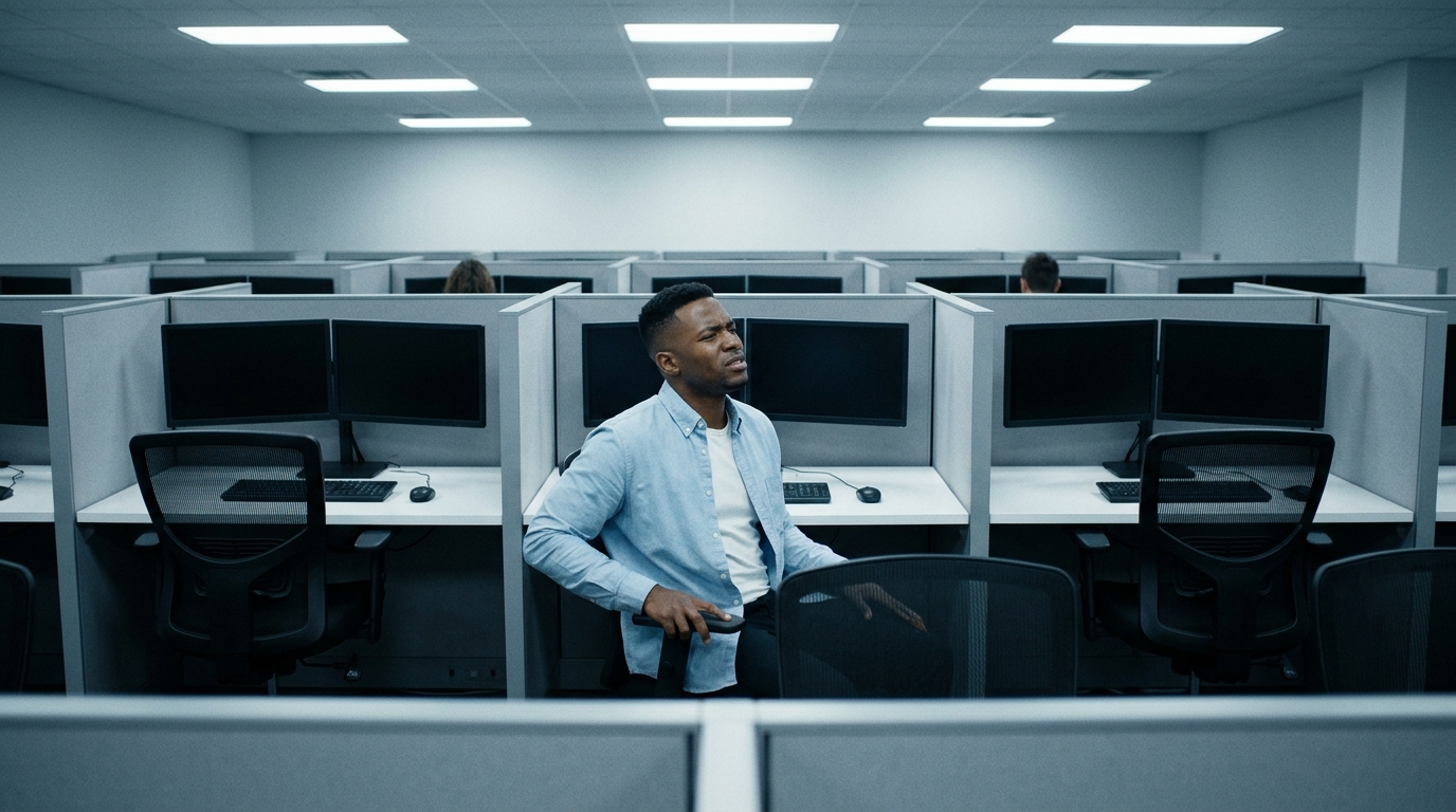 Identical corporate workstations with restrictive chairs and harsh lighting showing one-size-fits-all environment that fails neurodivergent workers