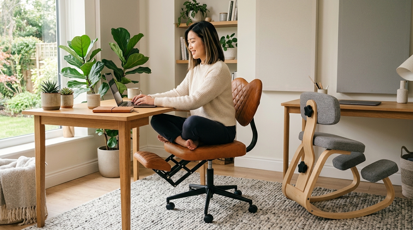 Neuroinclusive workspace with NYPOT criss-cross chair and kneeling chair, natural light, calm color palette, and organized desk supporting neurodivergent needs