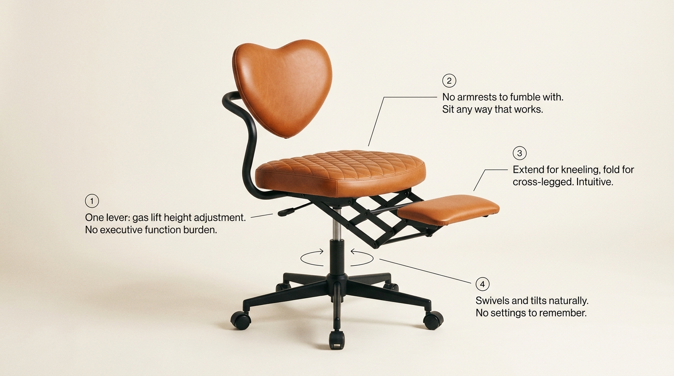 NYPOT criss-cross chair product detail showing simple one-lever adjustment, no armrests, fold-out knee rest, and intuitive swivel base