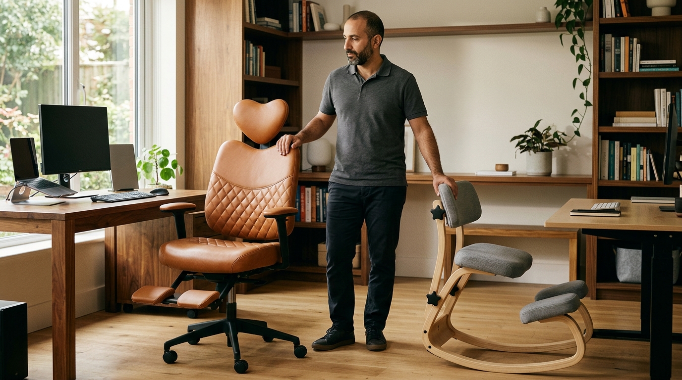 Man transitioning between NYPOT criss-cross chair and kneeling chair at home office, demonstrating two-chair system for ADHD and autism co-occurring needs