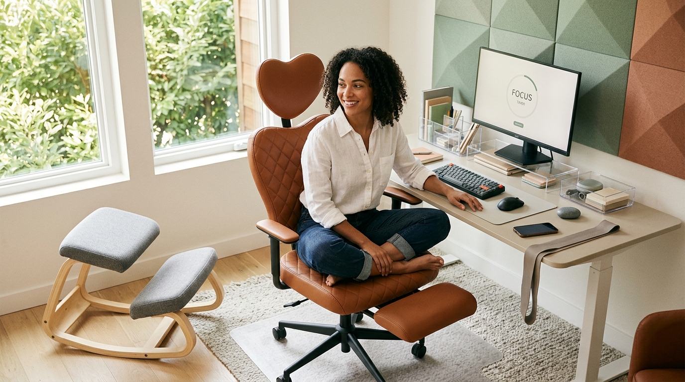 Complete neuroinclusive workspace with both NYPOT chairs, natural lighting, noise-dampening elements, organized desk, and fidget tools -- the aspirational vision